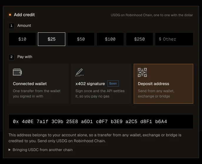The Add credit panel in Moth Console with sample data, showing amounts from $10 to $250, the choice to pay by deposit address, and a sample deposit address on Robinhood Chain