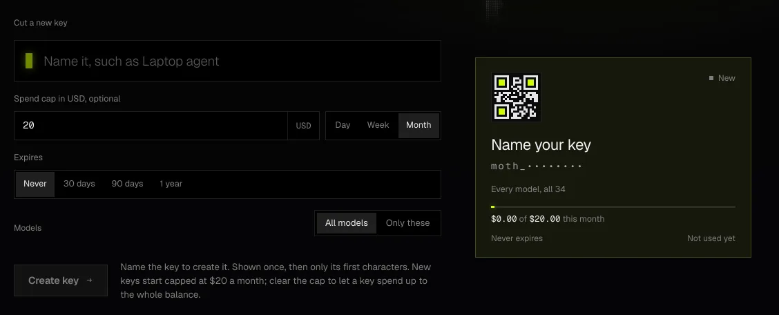 Moth Console's API keys page with sample data, showing the form for a new key with a $20 monthly cap, its expiry and model choices, and a preview of the new key's card