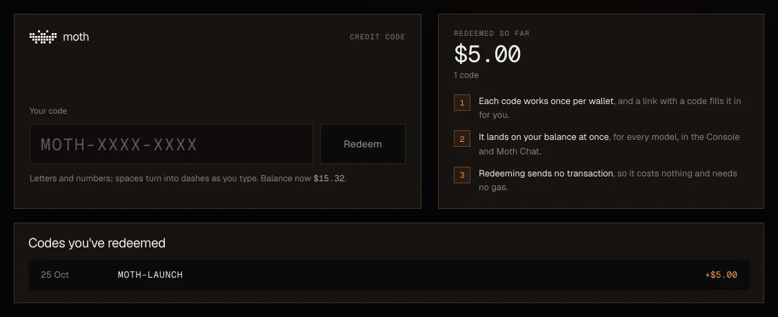 The Redeem a code page in Moth Console with sample data, showing the code field and Redeem button, and a list of codes already redeemed